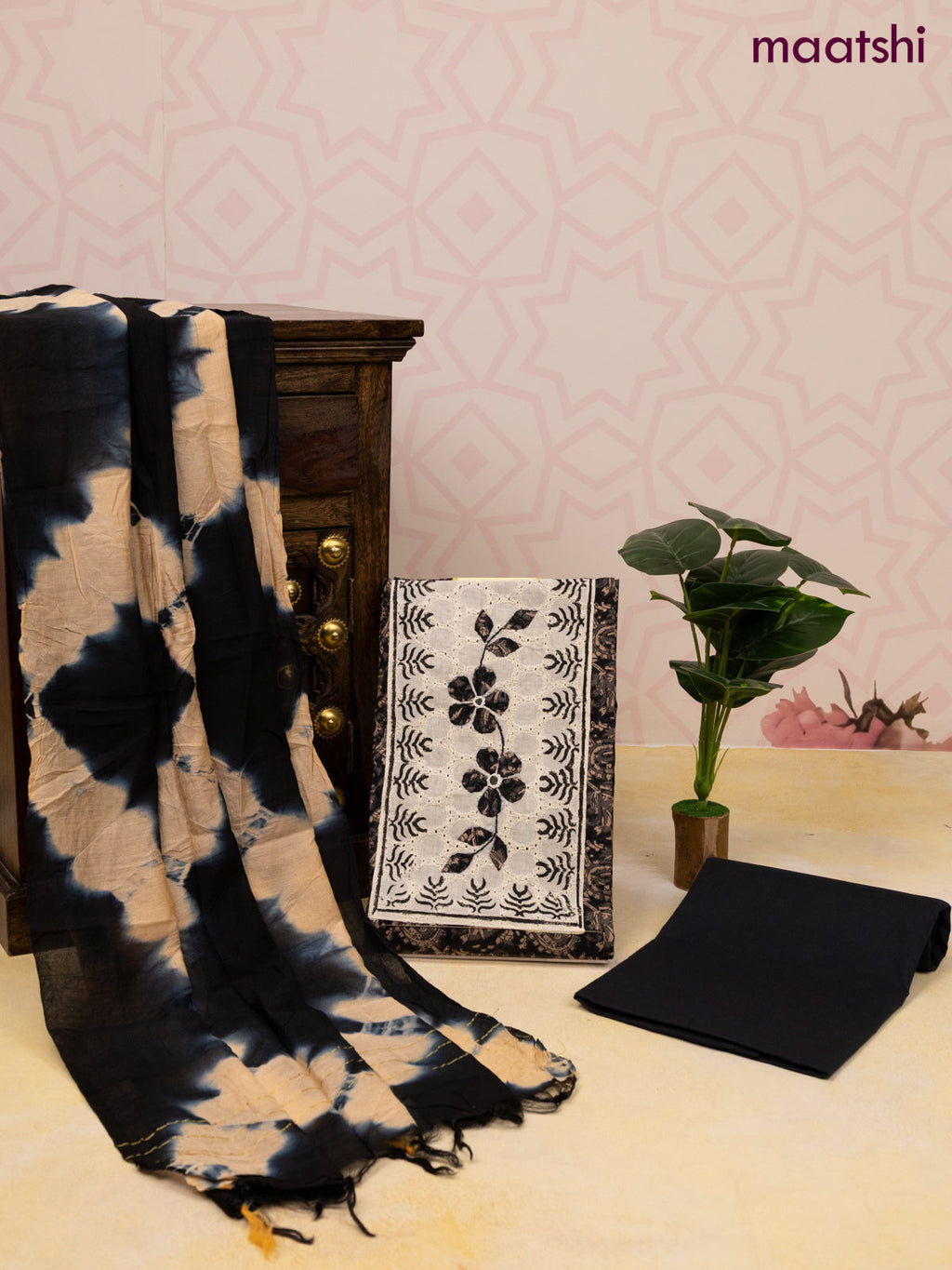 Cotton dress material elephant grey and sandal with allover prints & patch work neck pattern and bottom & dupatta