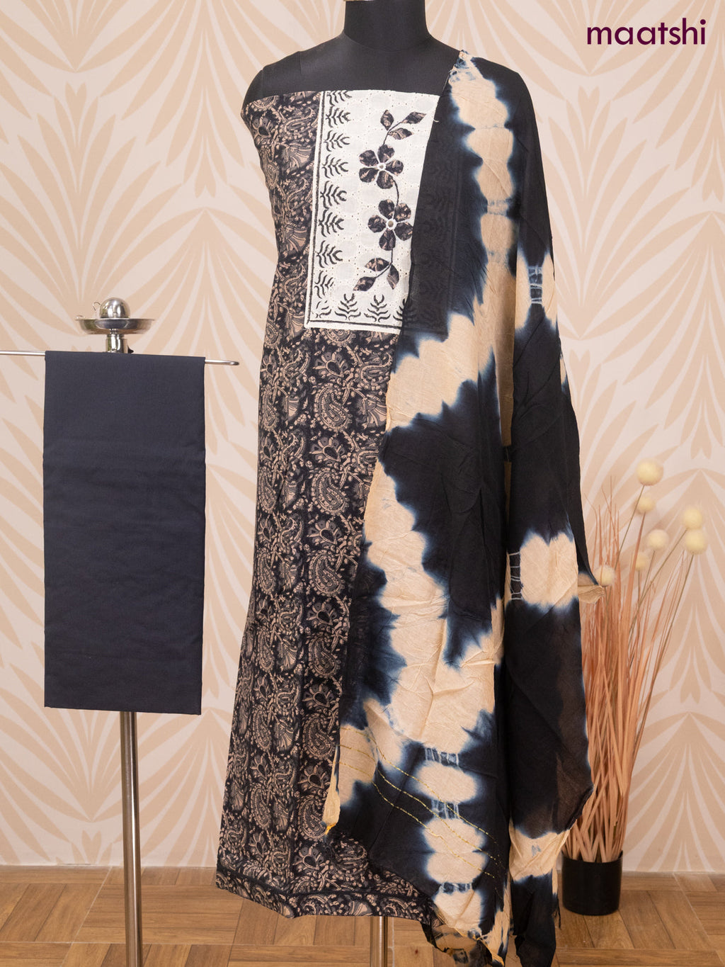 Cotton dress material elephant grey and sandal with allover prints & patch work neck pattern and bottom & dupatta