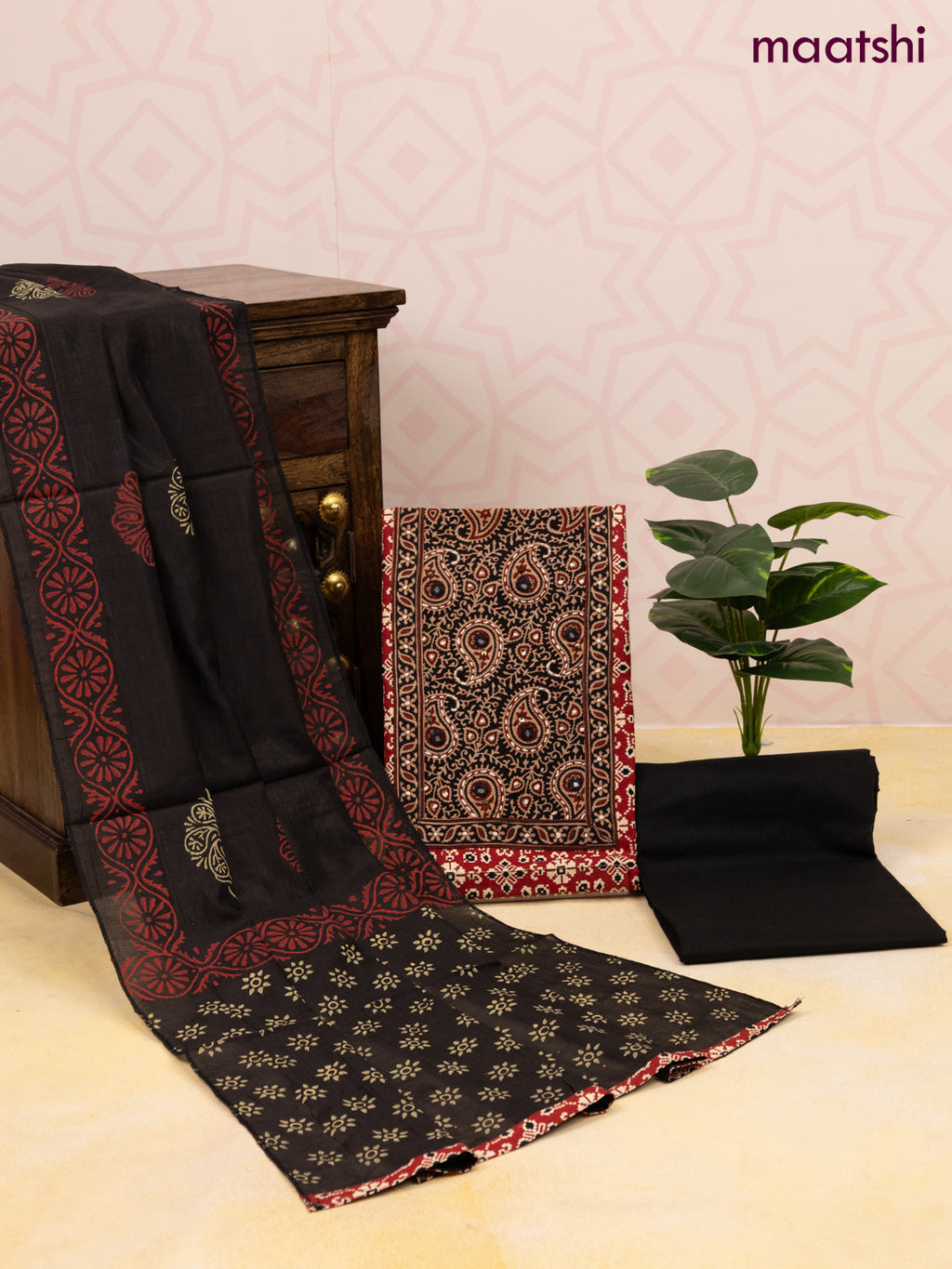 Cotton dress material maroon and black with allover ajrakh prints & patch work neck pattern and bottom & dupatta