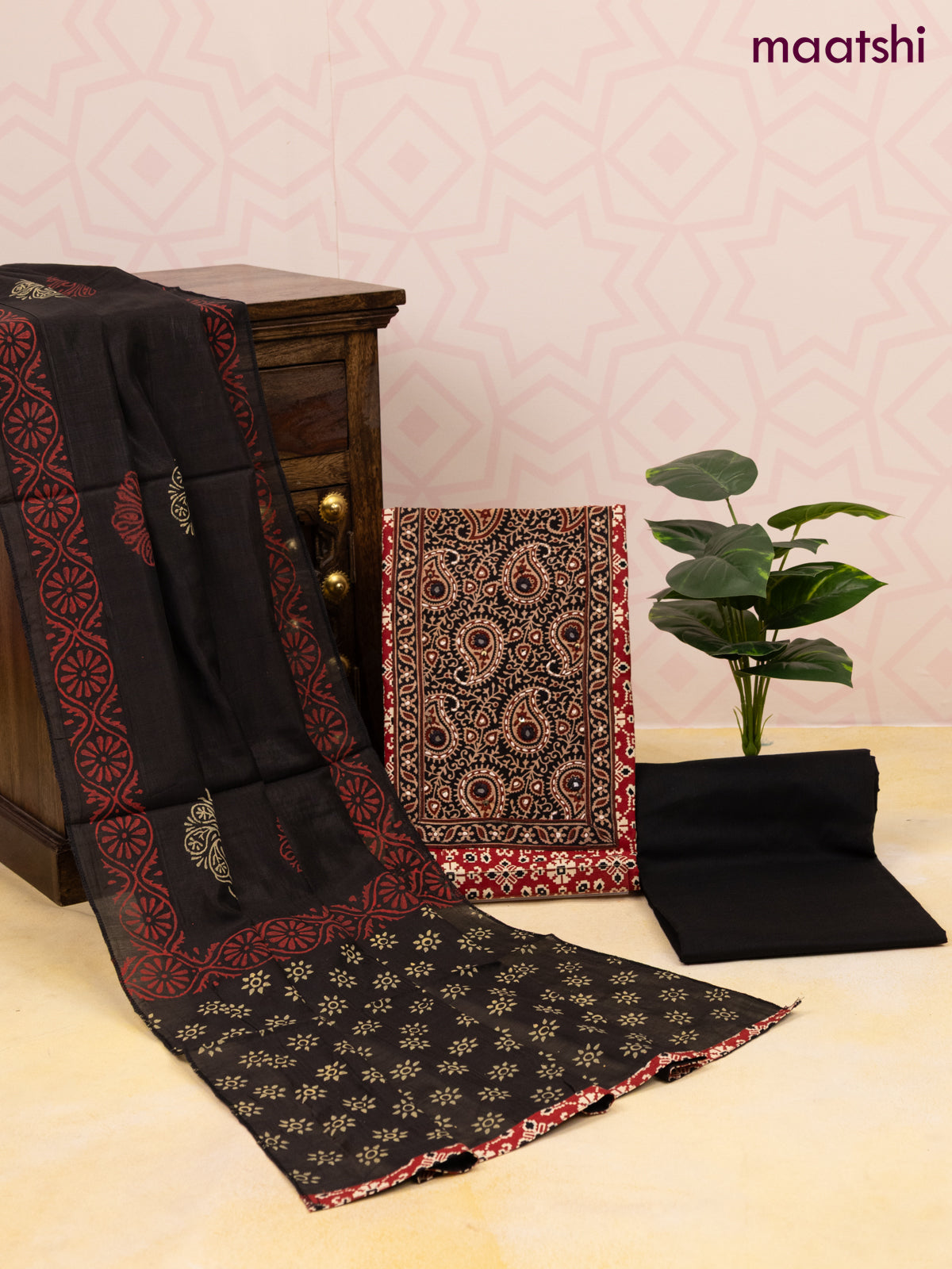 Cotton dress material maroon and black with allover ajrakh prints & patch work neck pattern and bottom & dupatta