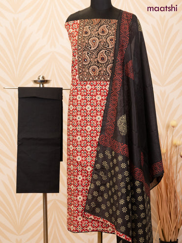 Cotton dress material maroon and black with allover ajrakh prints & patch work neck pattern and bottom & dupatta