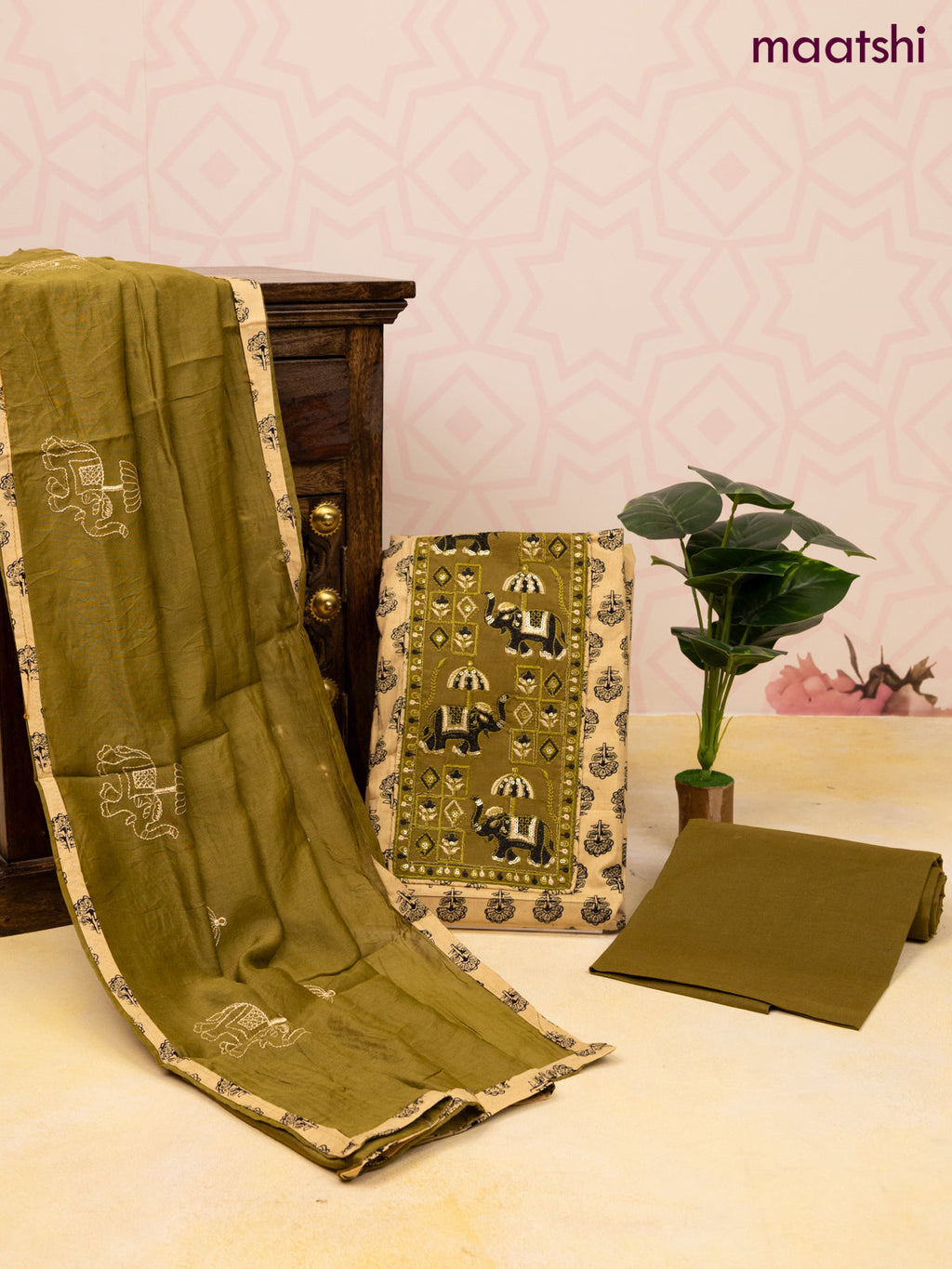 Cotton dress material sandal and mehendi green with allover butta prints & patch work neck pattern and bottom & dupatta