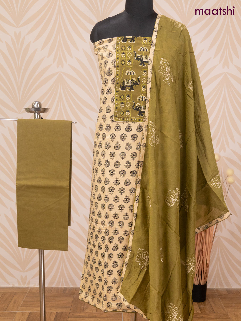 Cotton dress material sandal and mehendi green with allover butta prints & patch work neck pattern and bottom & dupatta
