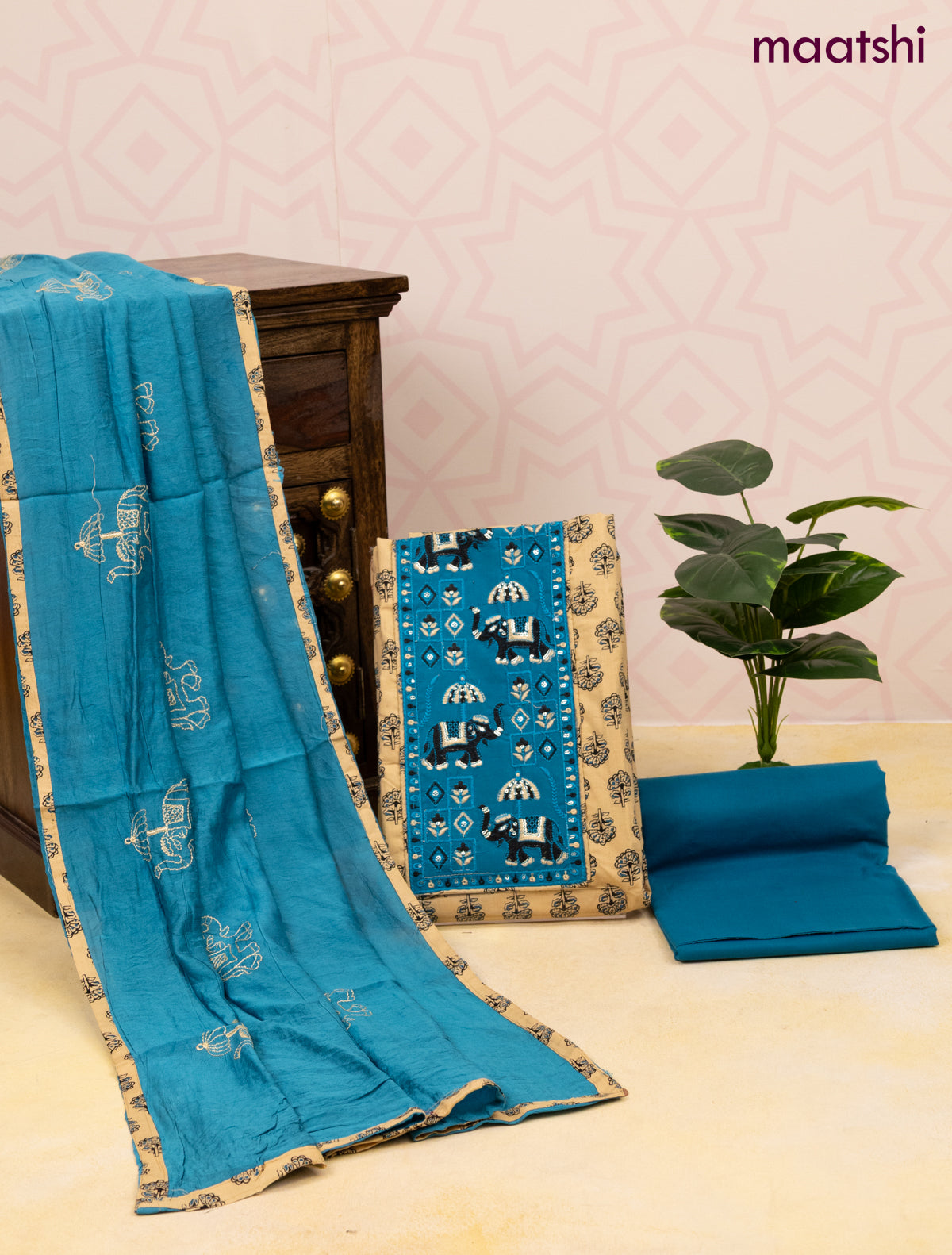 Cotton dress material sandal and cs blue with allover butta prints & patch work neck pattern and bottom & dupatta
