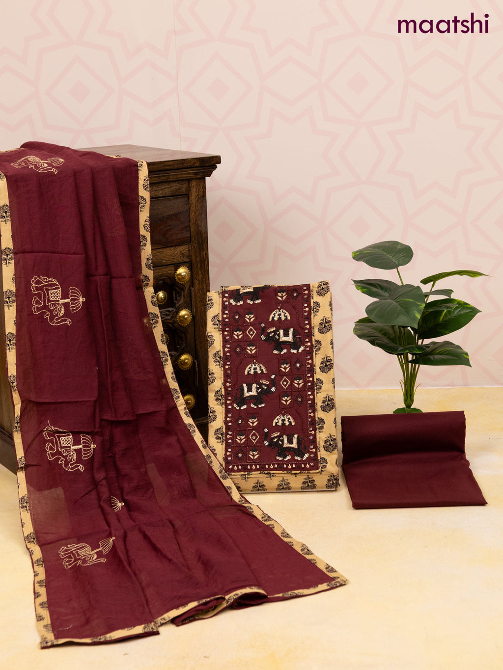 Cotton dress material sandal and deep maroon with allover butta prints & patch work neck pattern and bottom & dupatta