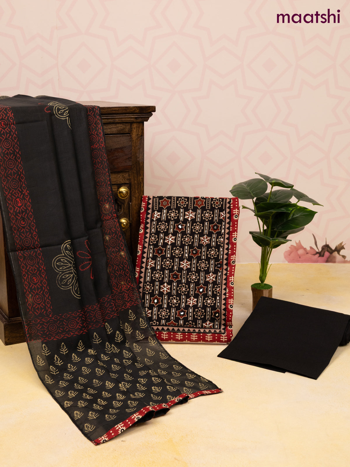 Cotton dress material maroon and black with allover prints & patch work neck pattern and bottom & dupatta