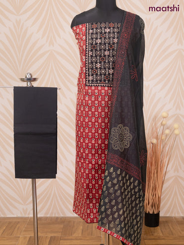 Cotton dress material maroon and black with allover prints & patch work neck pattern and bottom & dupatta