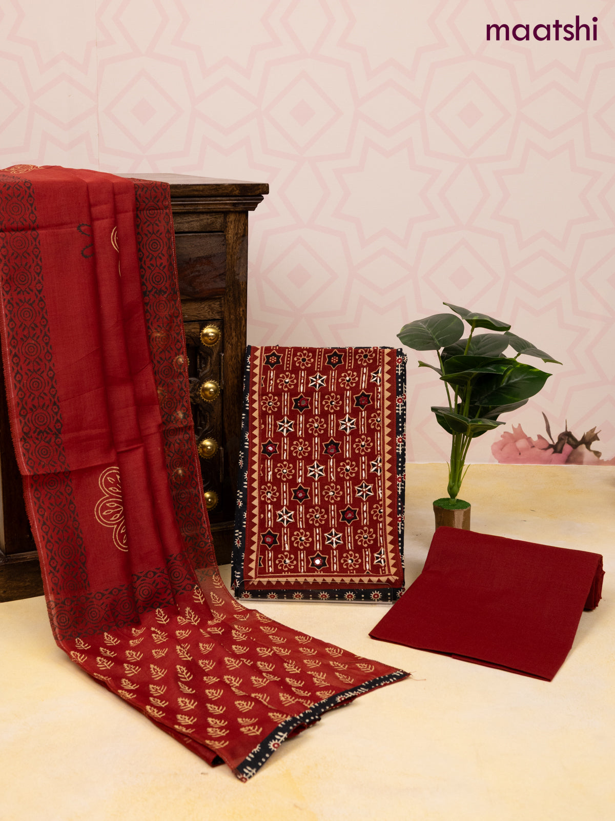 Cotton dress material black and maroon with allover prints & patch work neck pattern and bottom & dupatta