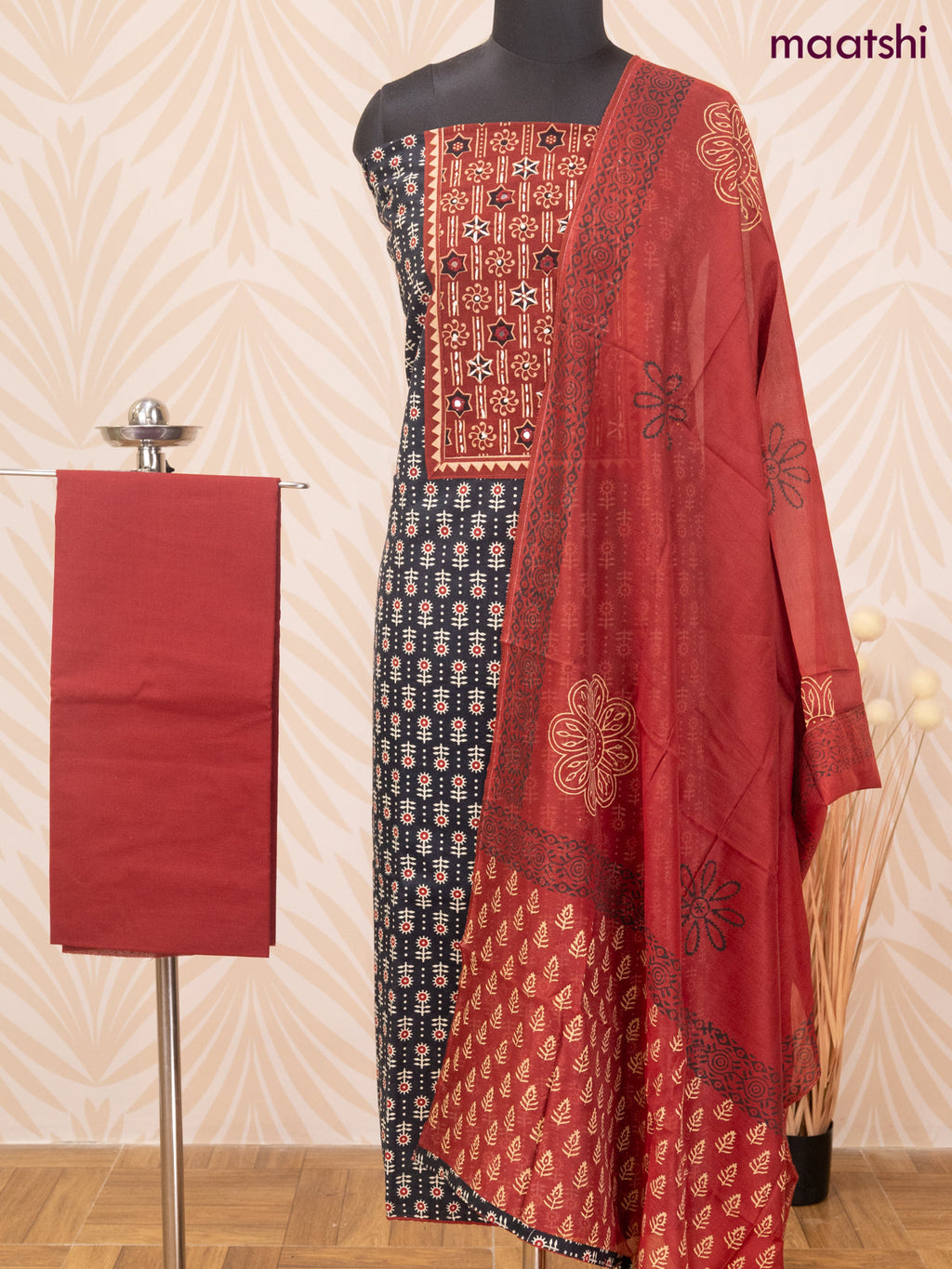Cotton dress material black and maroon with allover prints & patch work neck pattern and bottom & dupatta