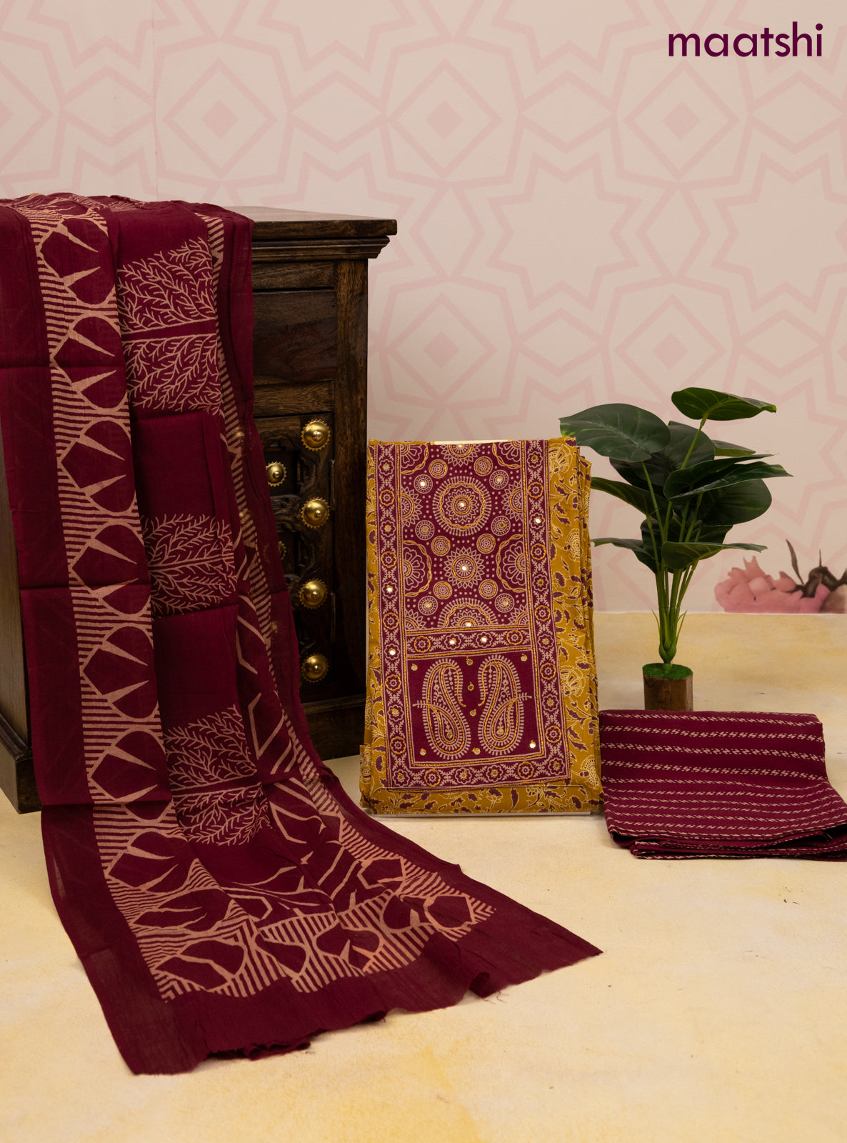 Cotton dress material mustard yellow and maroon with allover prints & patch work neck pattern and bottom & dupatta