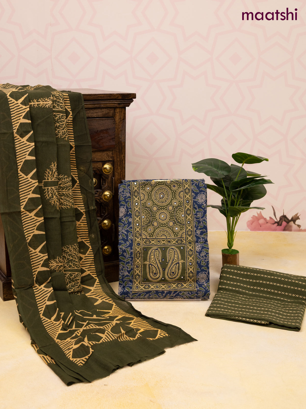 Cotton dress material peacock blue and sap green with allover prints & patch work neck pattern and bottom & dupatta