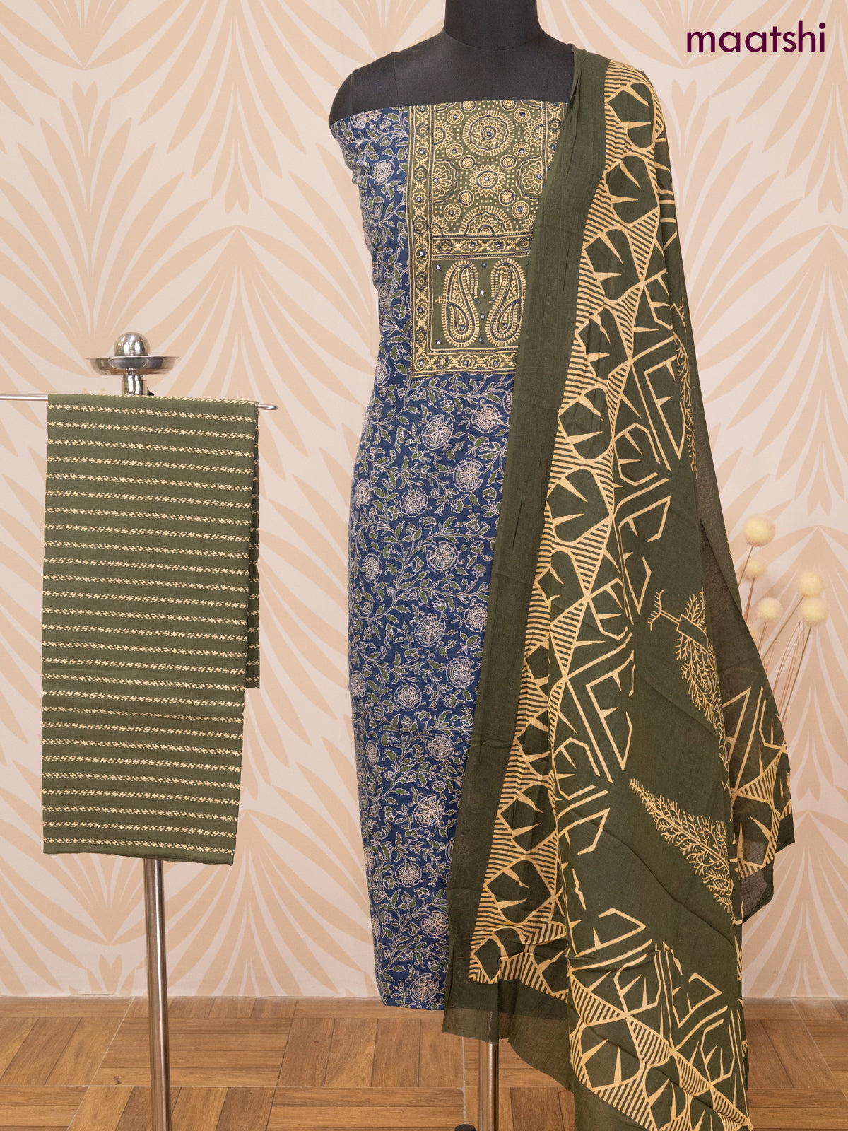 Cotton dress material peacock blue and sap green with allover prints & patch work neck pattern and bottom & dupatta