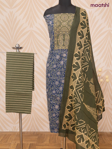 Cotton dress material peacock blue and sap green with allover prints & patch work neck pattern and bottom & dupatta