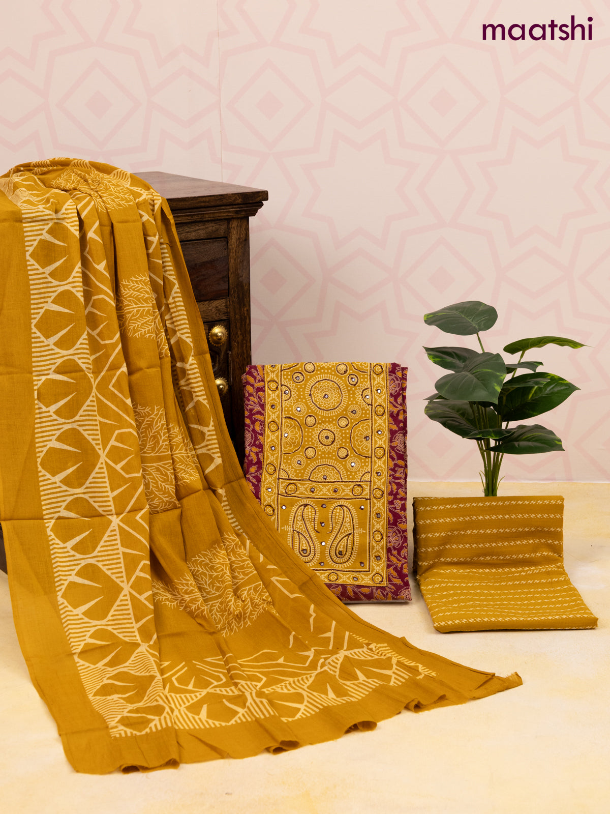 Cotton dress material dark magenta and mustard yellow with allover prints & patch work neck pattern and bottom & dupatta