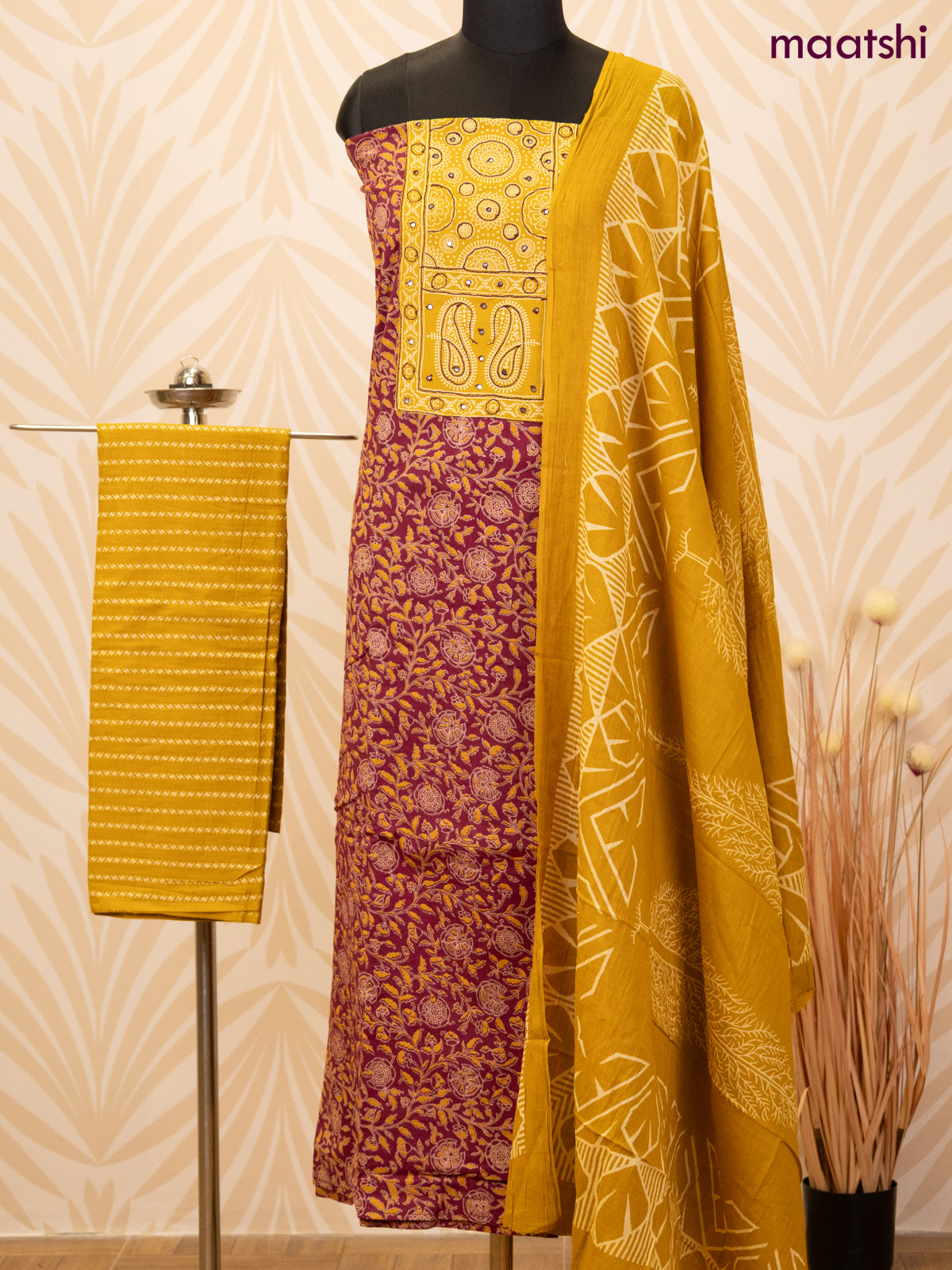 Cotton dress material dark magenta and mustard yellow with allover prints & patch work neck pattern and bottom & dupatta