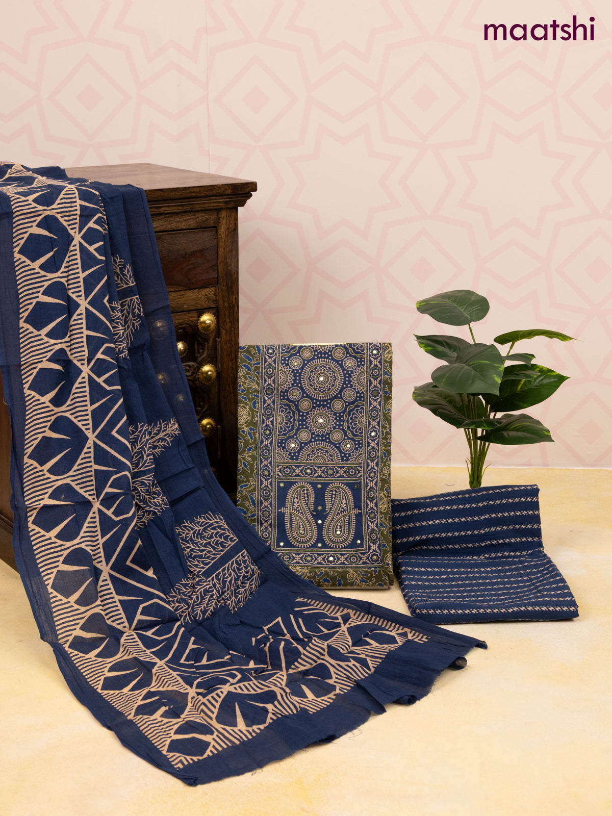 Cotton dress material sap green and peacock blue with allover prints & patch work neck pattern and bottom & dupatta