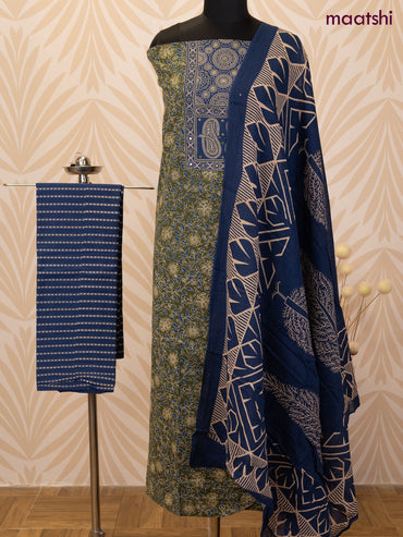Cotton dress material sap green and peacock blue with allover prints & patch work neck pattern and bottom & dupatta
