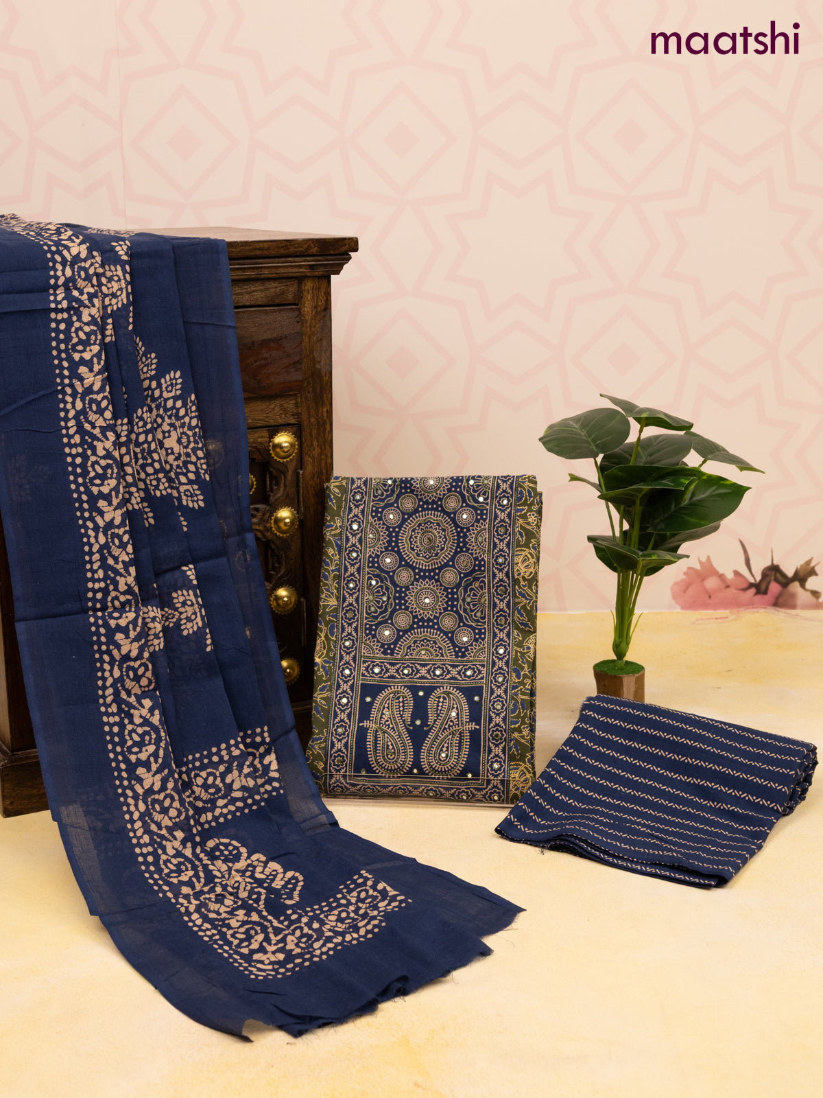 Cotton dress material sap green and peacock blue with allover prints & patch work neck pattern and bottom & dupatta