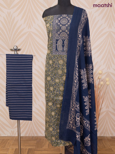 Cotton dress material sap green and peacock blue with allover prints & patch work neck pattern and bottom & dupatta