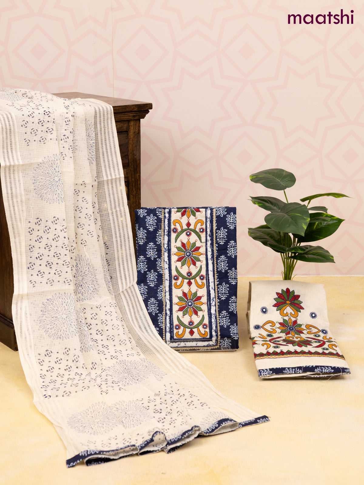 Cotton dress material blue and off white with allover butta prints & patch work neck pattern and bottom & dupatta