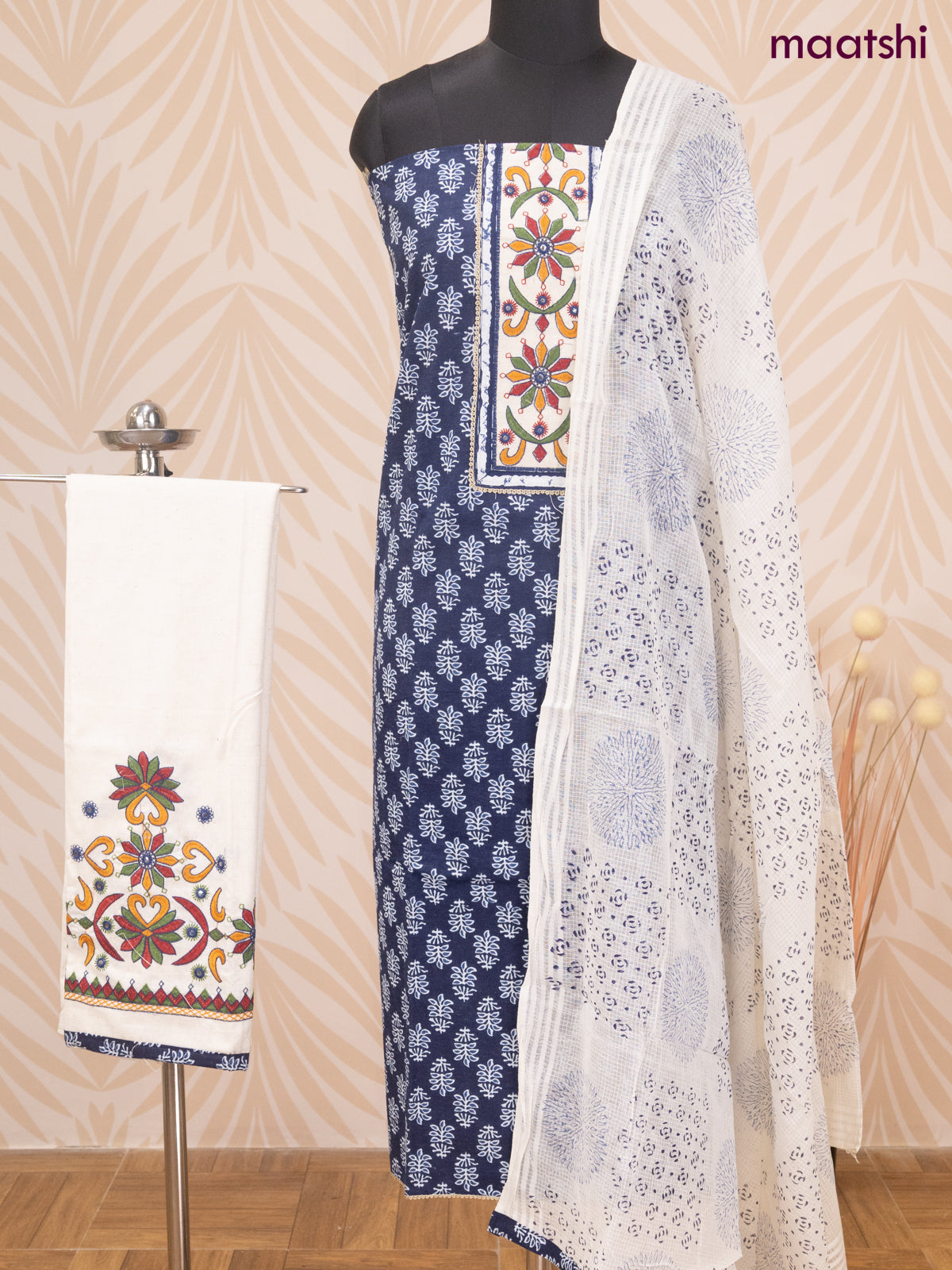 Cotton dress material blue and off white with allover butta prints & patch work neck pattern and bottom & dupatta