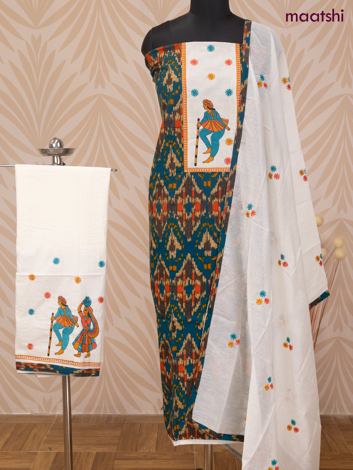 Cotton dress material peacock green and off white with allover ikat prints & patch work neck pattern and bottom & dupatta