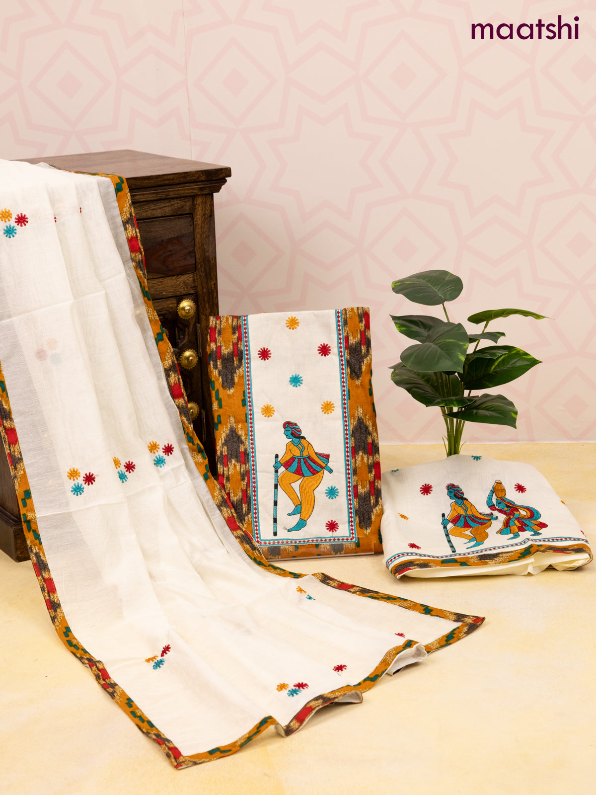 Cotton dress material dark msutard and off white with allover ikat prints & patch work neck pattern and bottom & dupatta
