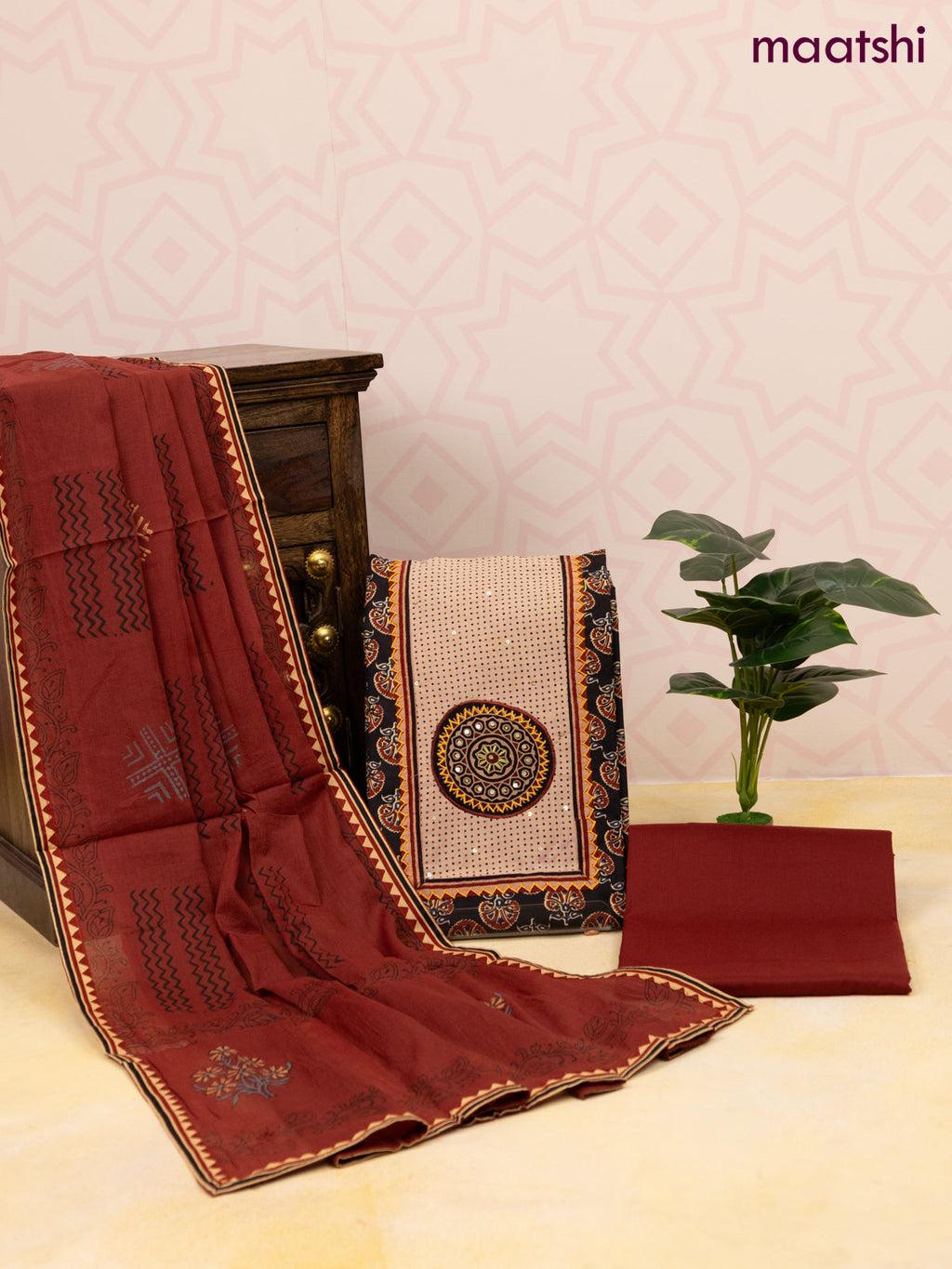 Cotton dress material black and maroon with allover butta prints & patch work neck pattern and bottom & dupatta