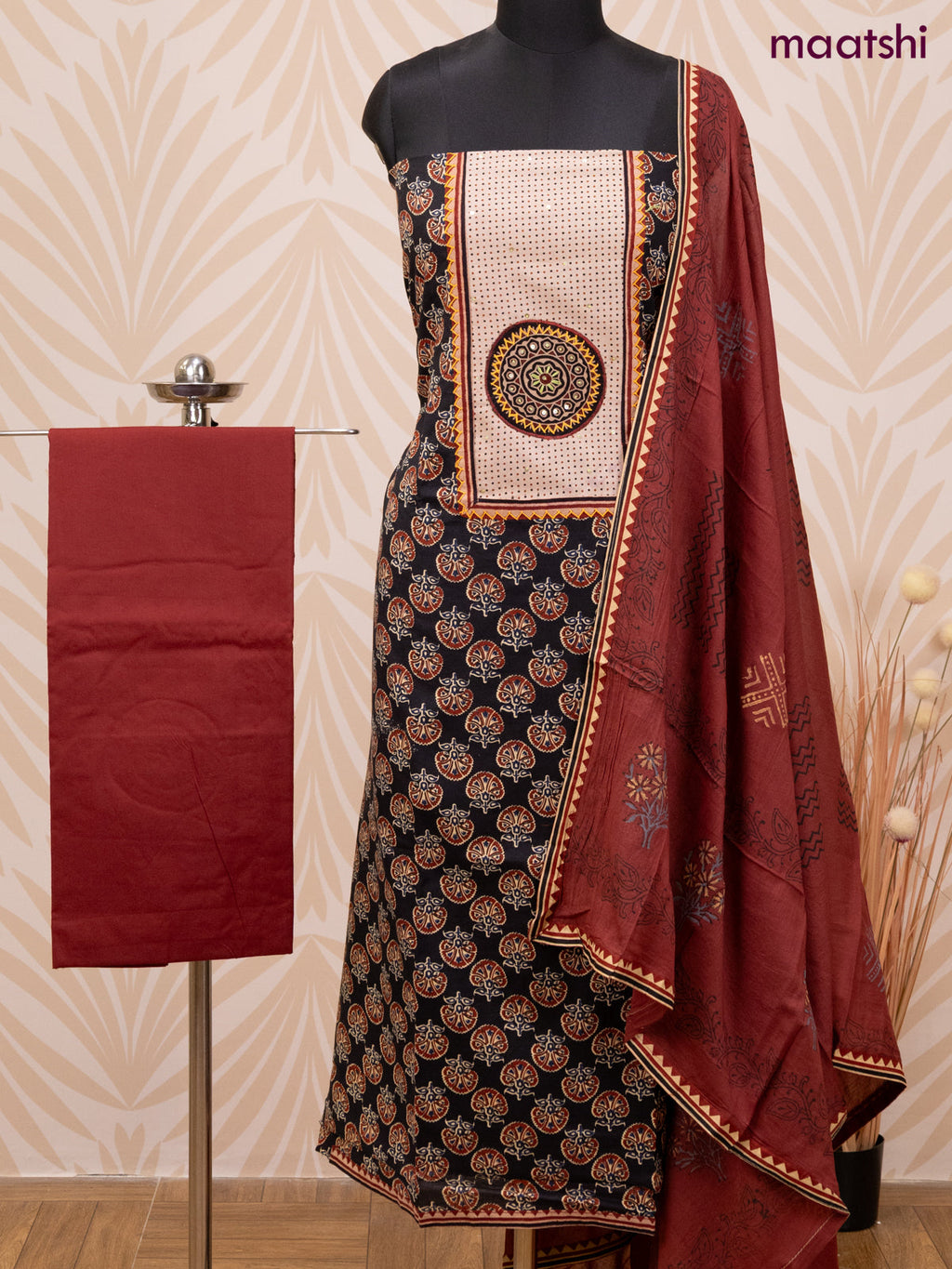 Cotton dress material black and maroon with allover butta prints & patch work neck pattern and bottom & dupatta
