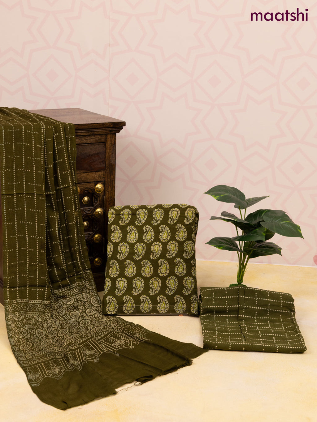 Cotton dress material olive green with allover paisley butta prints and bottom & dupatta