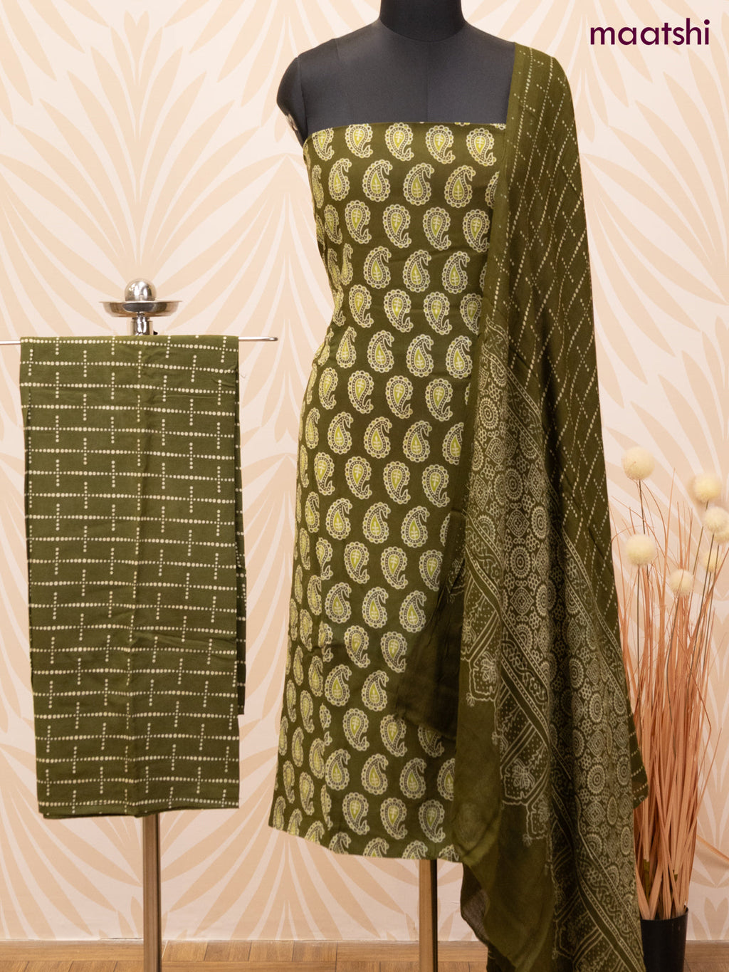 Cotton dress material olive green with allover paisley butta prints and bottom & dupatta