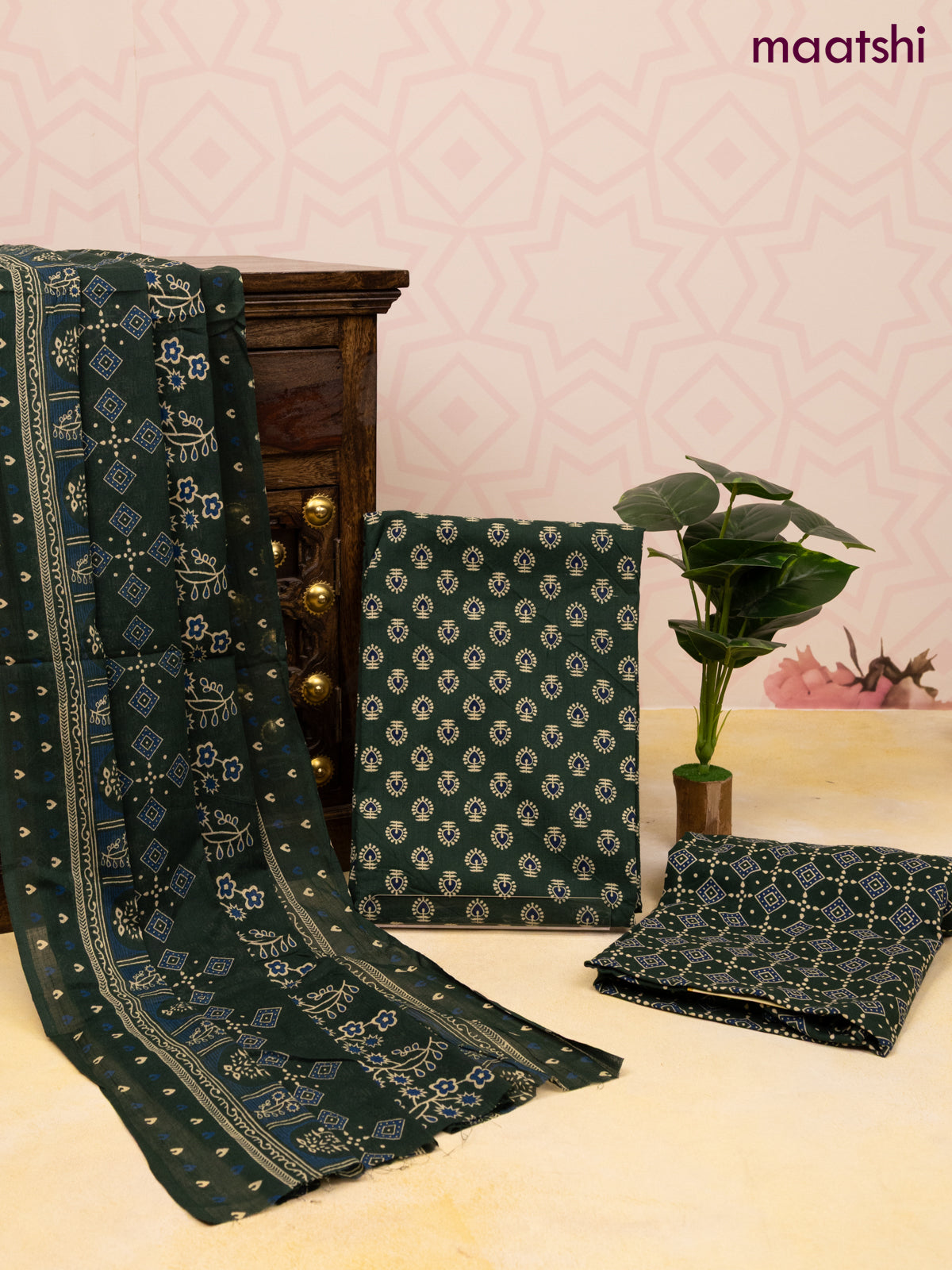 Cotton dress material dark green with allover butta prints and bottom & dupatta