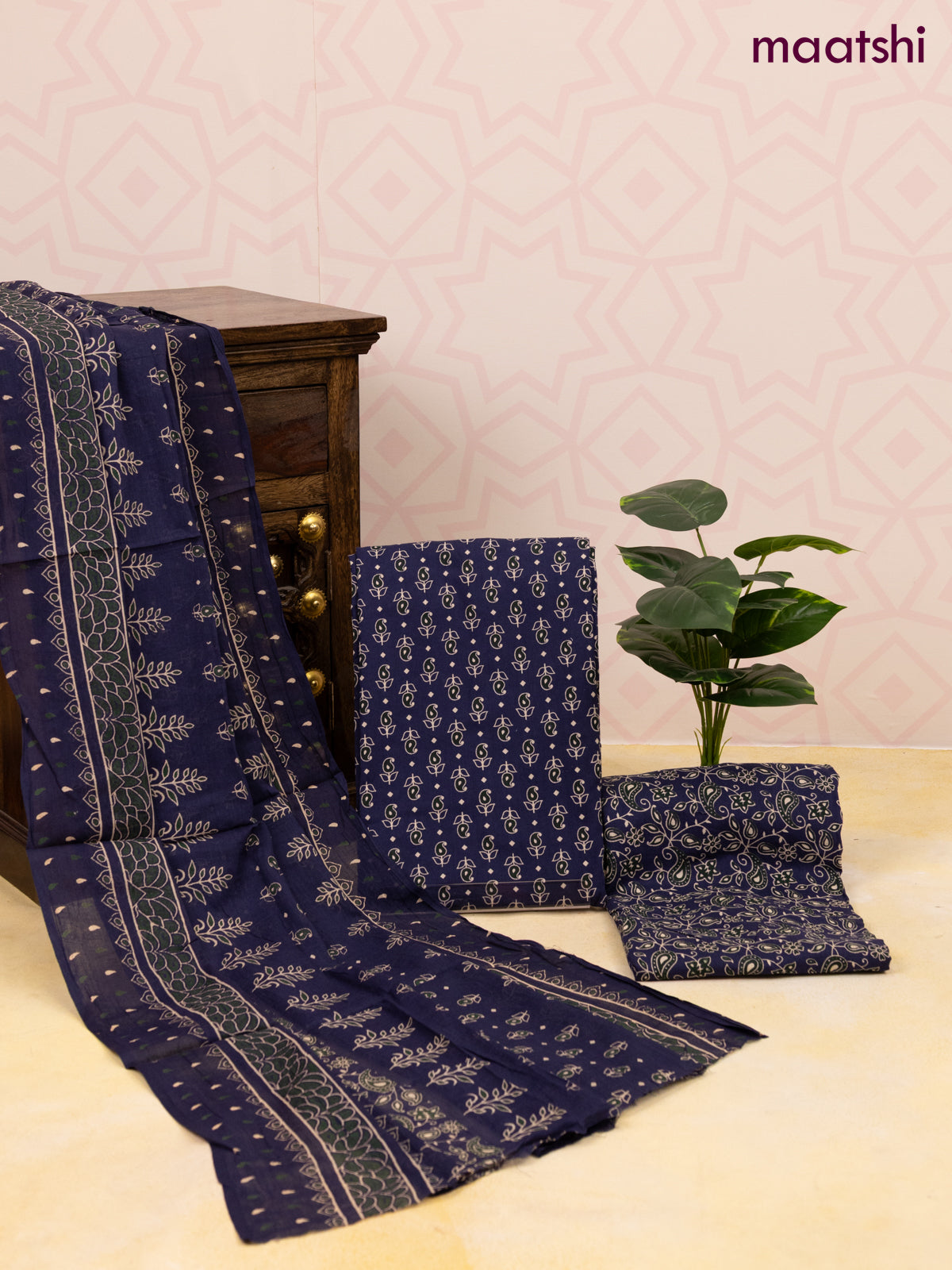 Cotton dress material blue with allover butta prints and bottom & dupatta