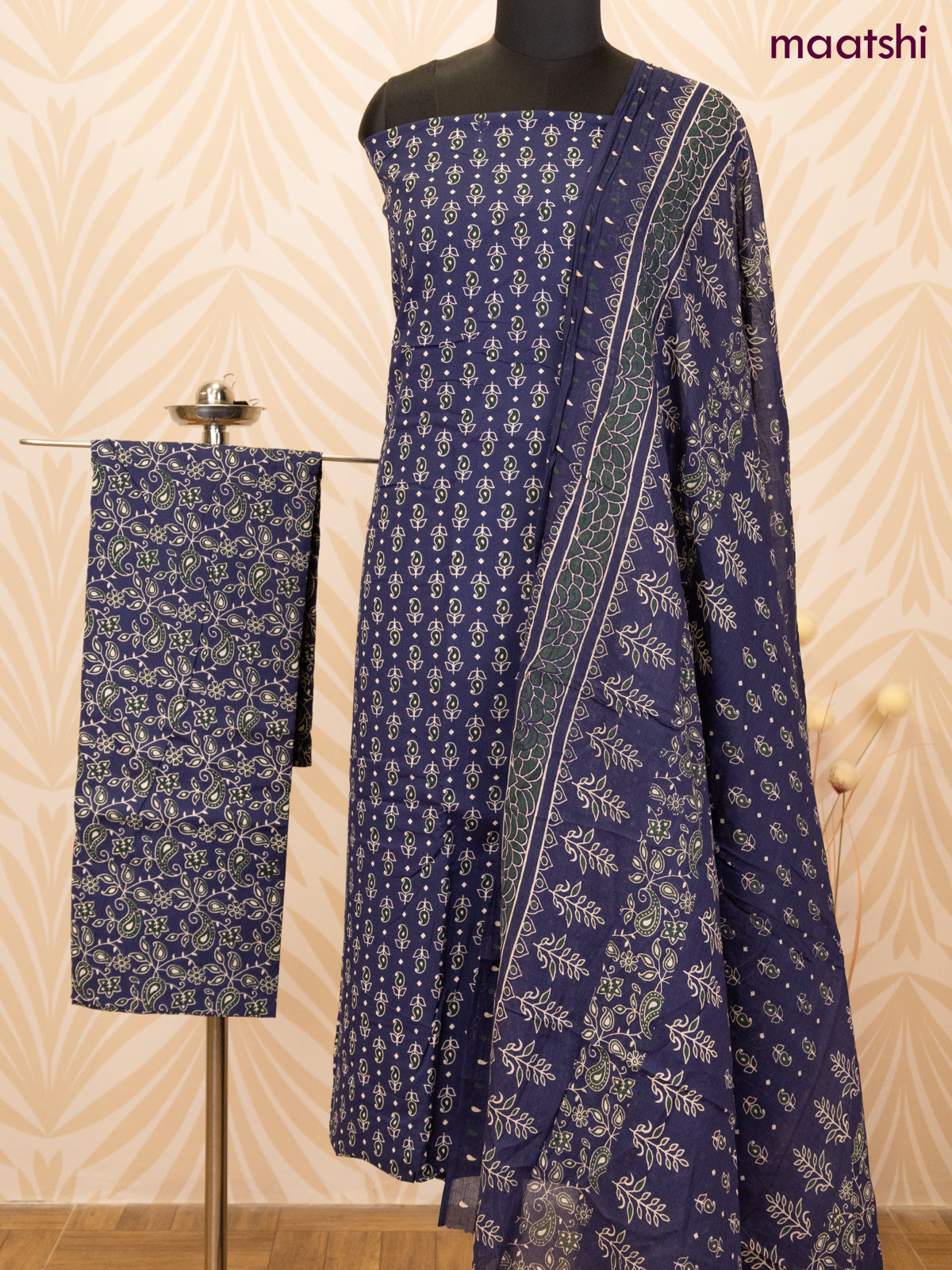 Cotton dress material blue with allover butta prints and bottom & dupatta