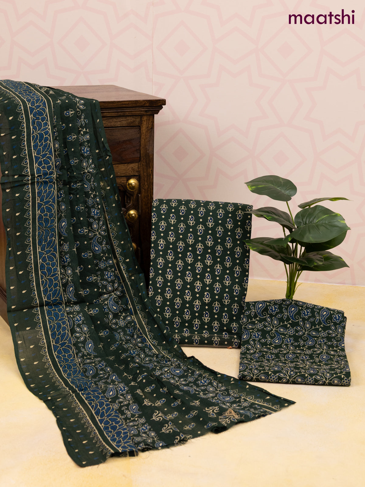 Cotton dress material dark green with allover butta prints and bottom & dupatta
