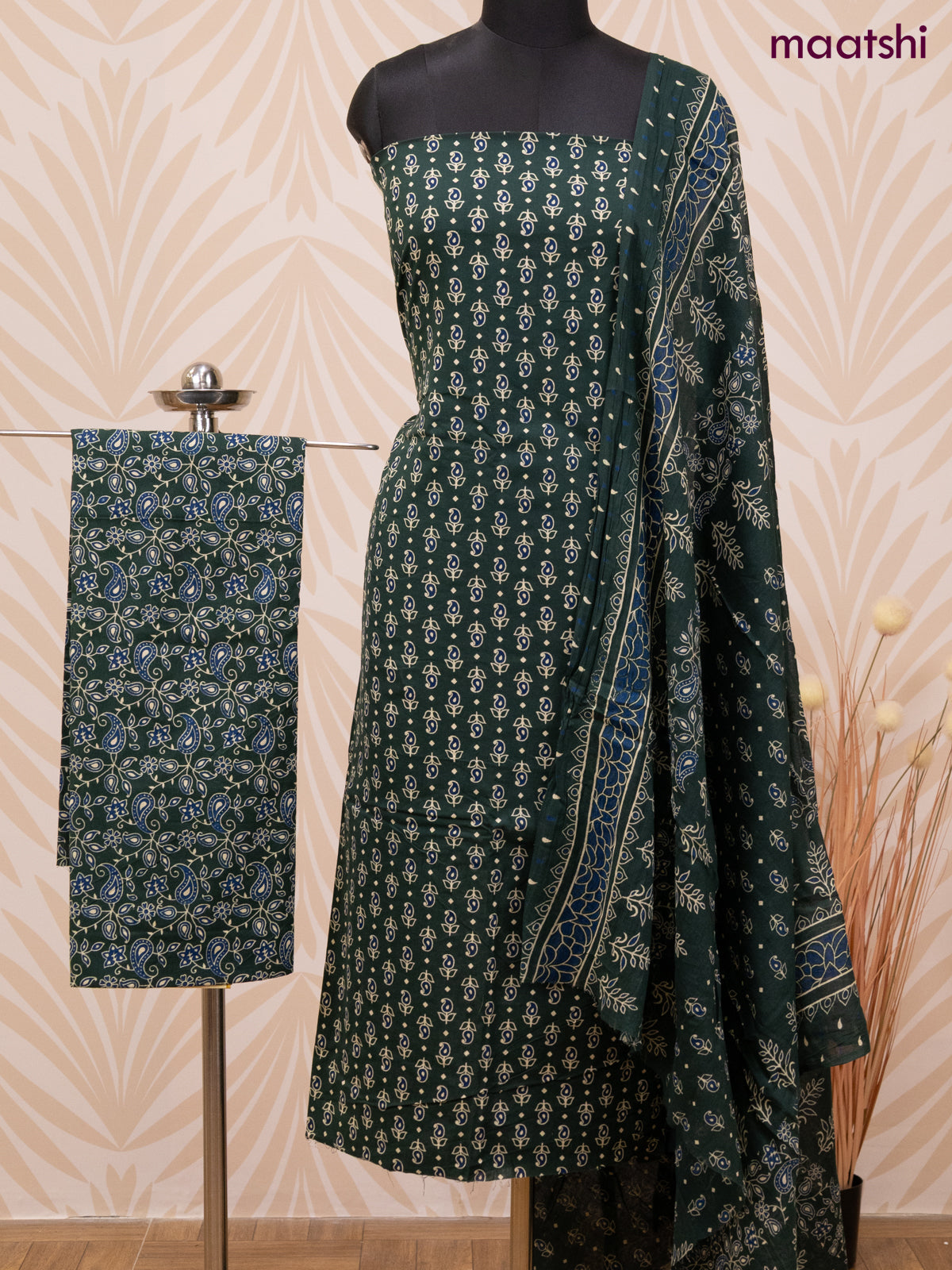 Cotton dress material dark green with allover butta prints and bottom & dupatta