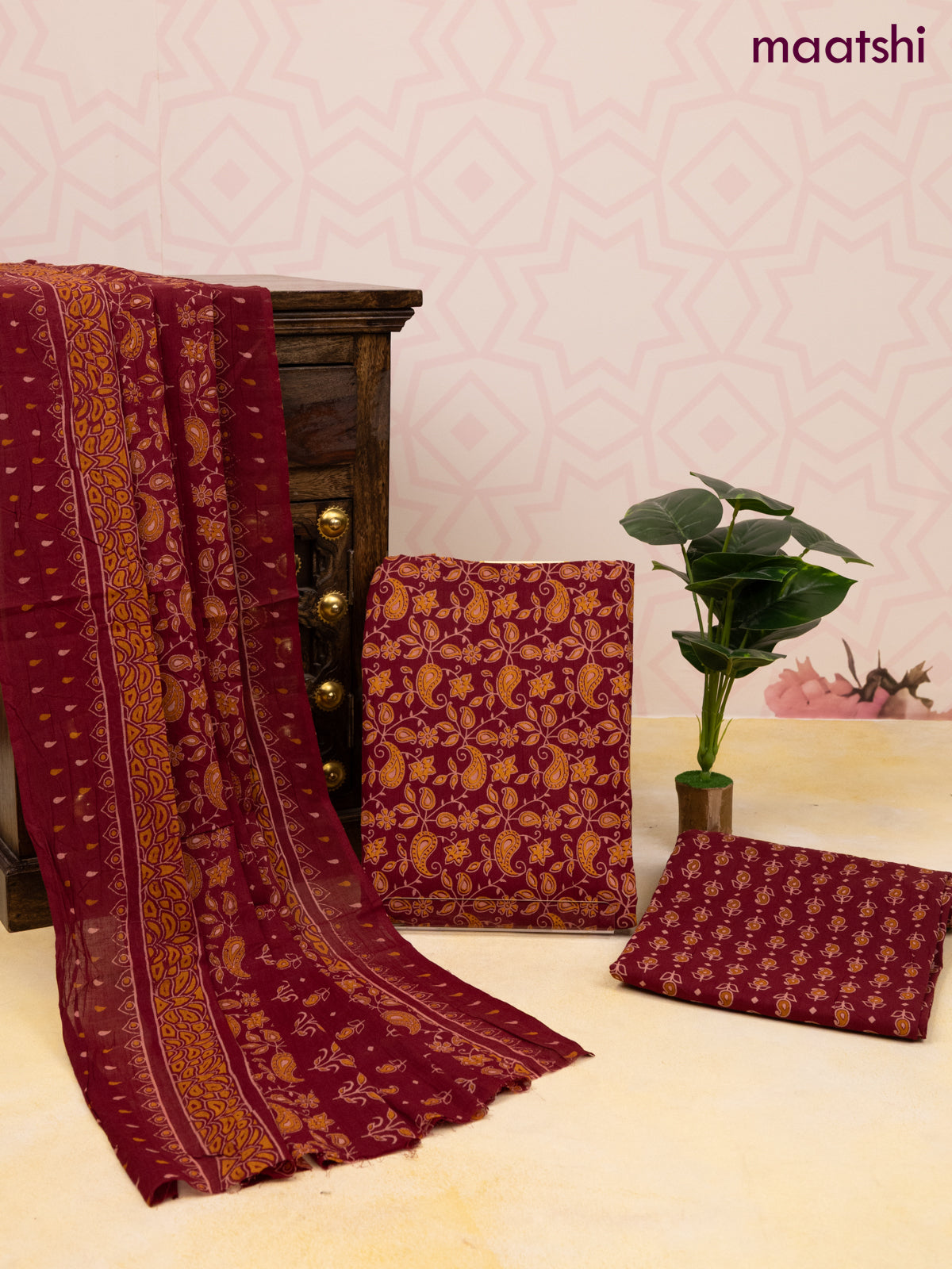 Cotton dress material maroon with allover butta prints and bottom & dupatta