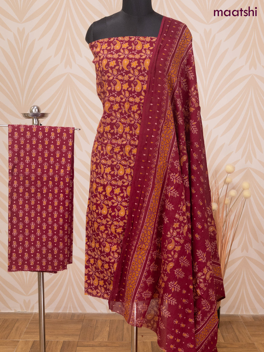 Cotton dress material maroon with allover butta prints and bottom & dupatta
