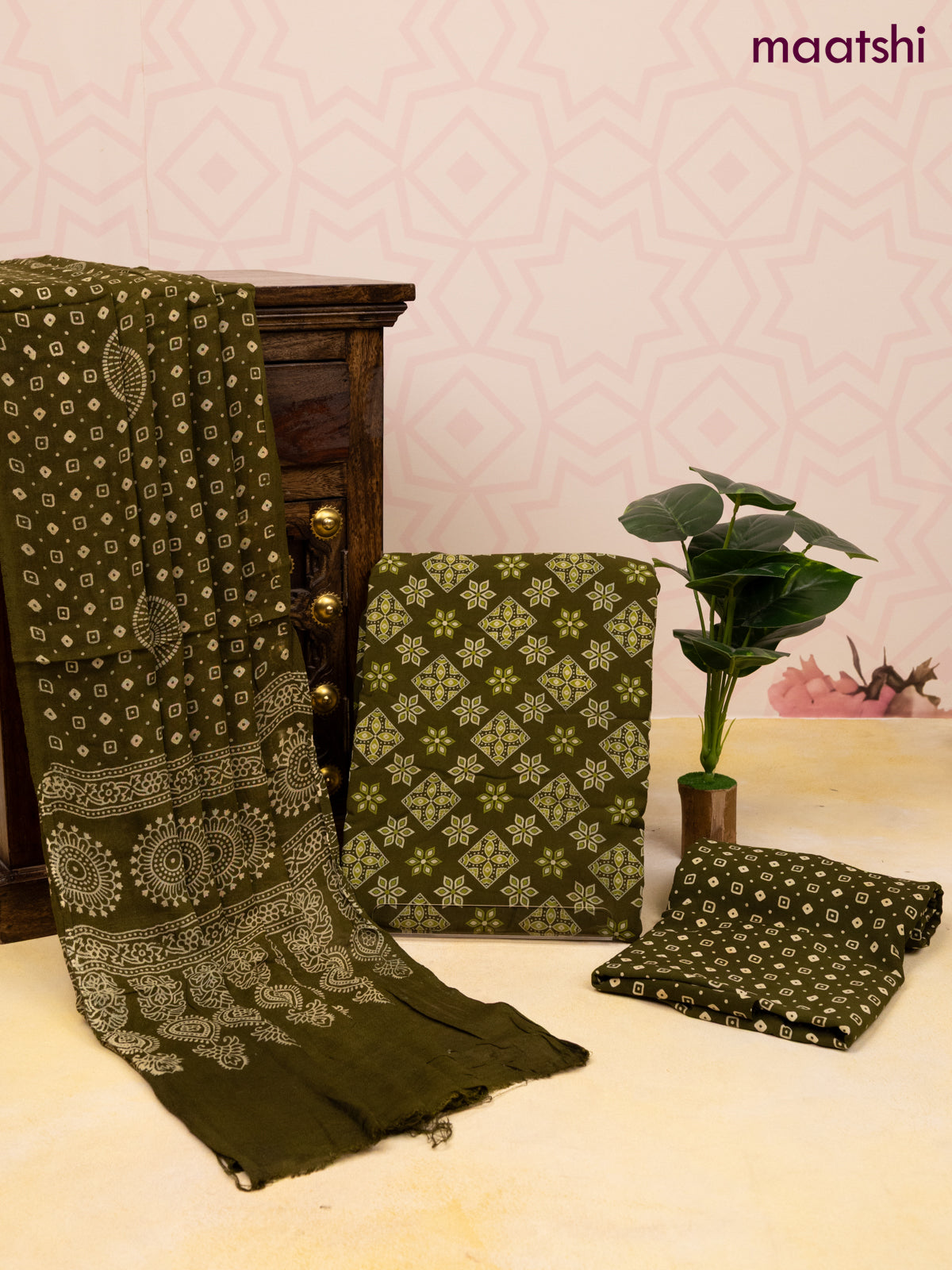 Cotton dress material olive green with allover butta prints and bottom & dupatta