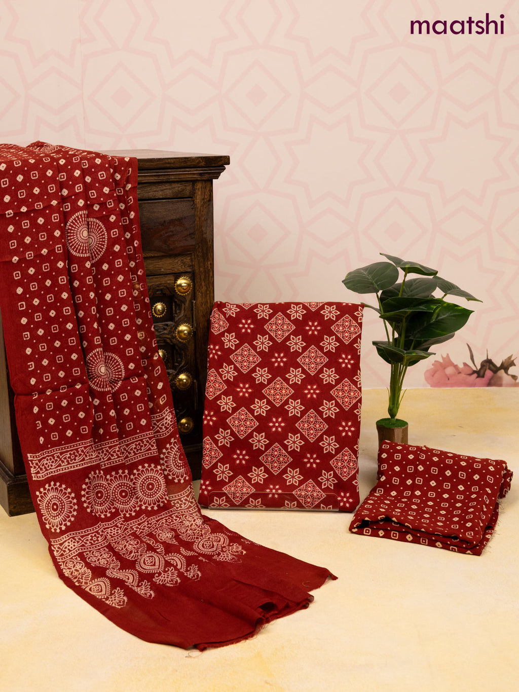 Cotton dress material maroon with allover butta prints and bottom & dupatta