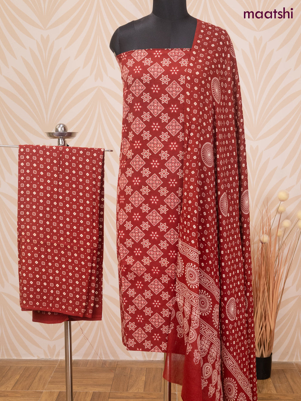 Cotton dress material maroon with allover butta prints and bottom & dupatta