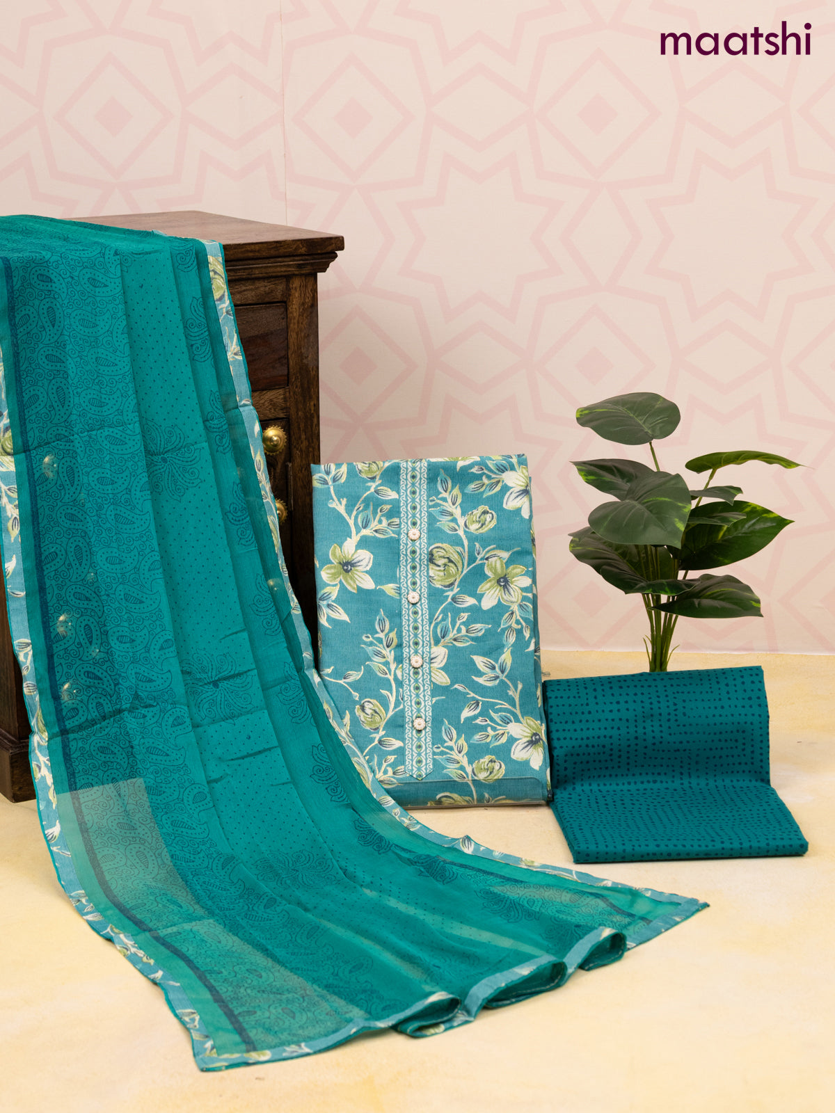 Rayon dress material teal blue with allover floral prints & simple neck pattern and bottom & chiffon dupatta