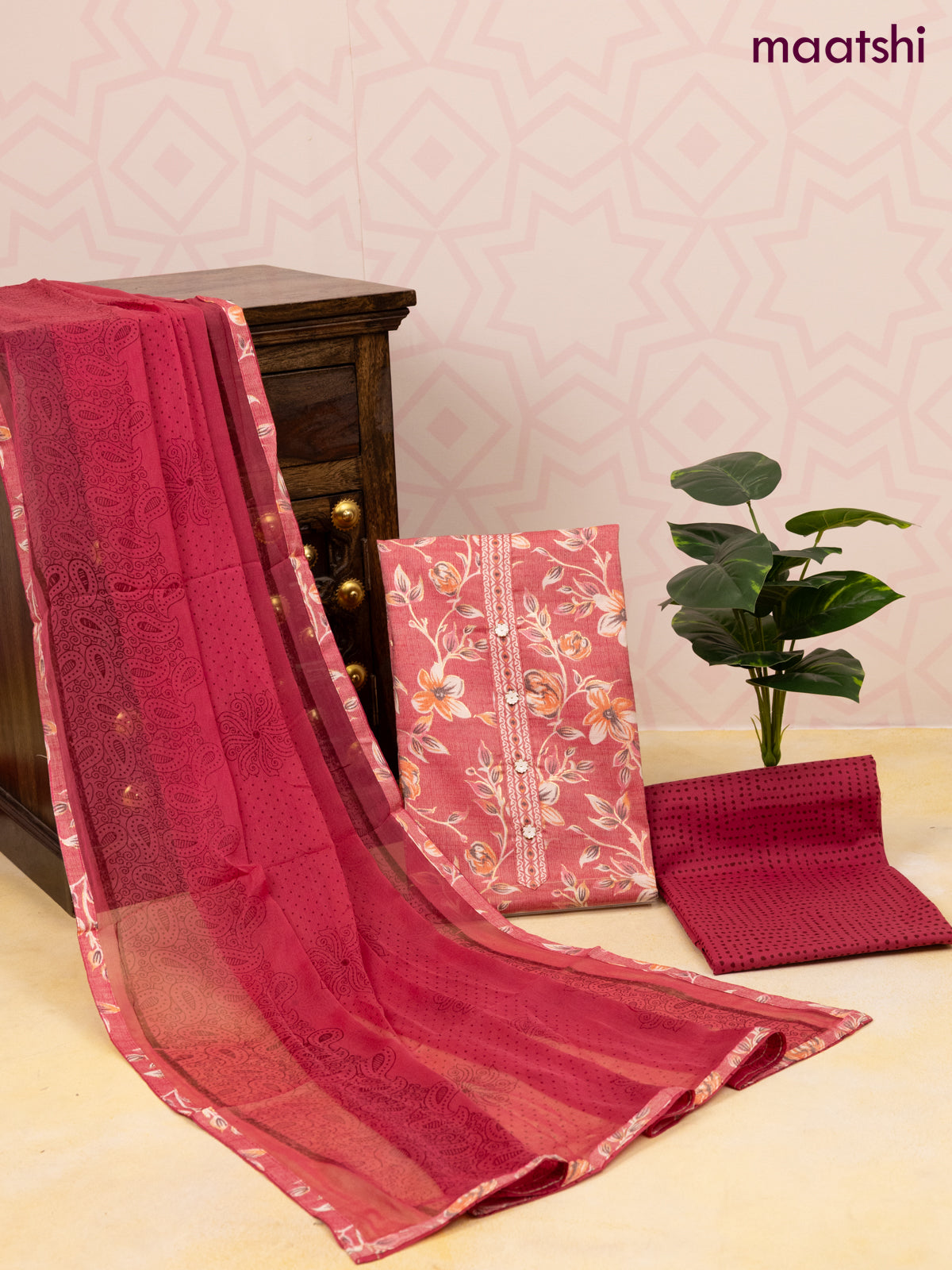 Rayon dress material pink with allover floral prints & simple neck pattern and bottom & chiffon dupatta