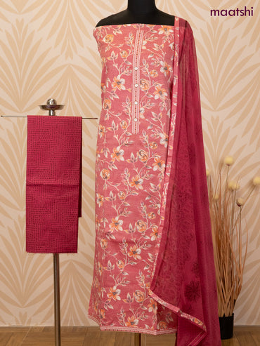 Rayon dress material pink with allover floral prints & simple neck pattern and bottom & chiffon dupatta