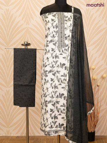 Rayon dress material off white and grey with allover prints & embroidery mirror work neck pattern and bottom & chiffon dupatta