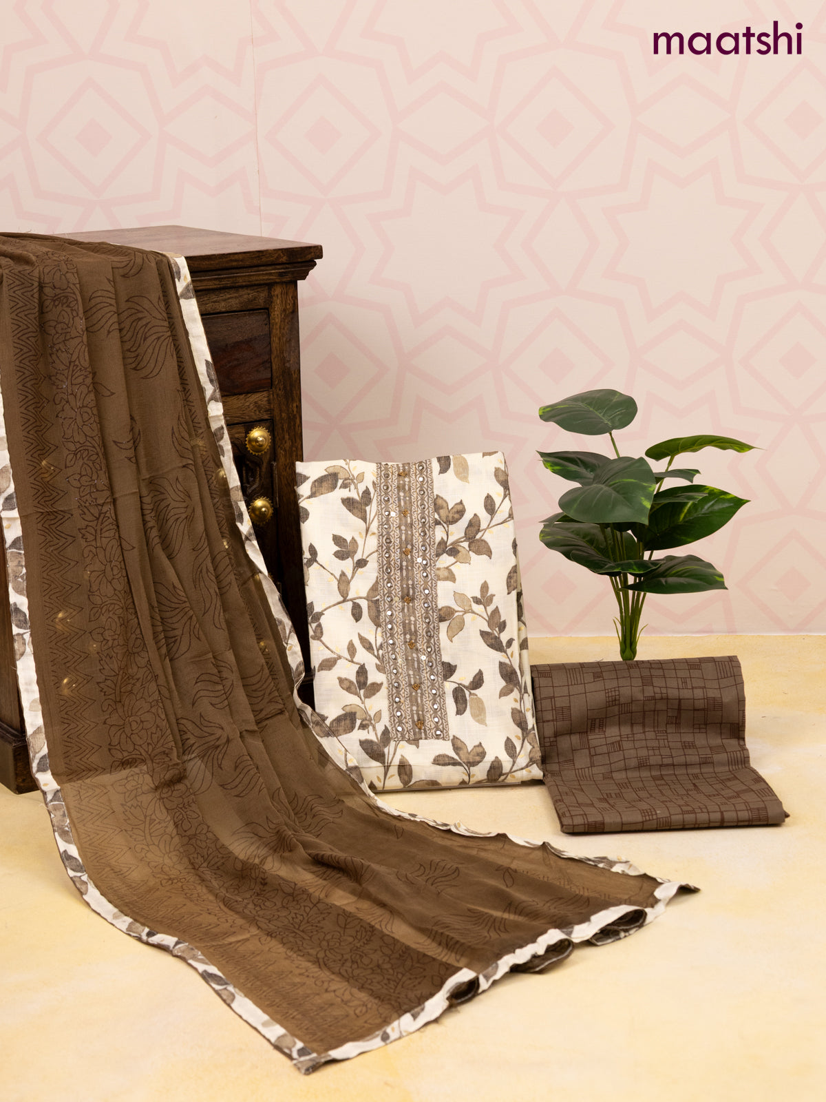 Rayon dress material off white and brown shade with allover prints & embroidery mirror work neck pattern and bottom & chiffon dupatta