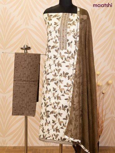 Rayon dress material off white and brown shade with allover prints & embroidery mirror work neck pattern and bottom & chiffon dupatta