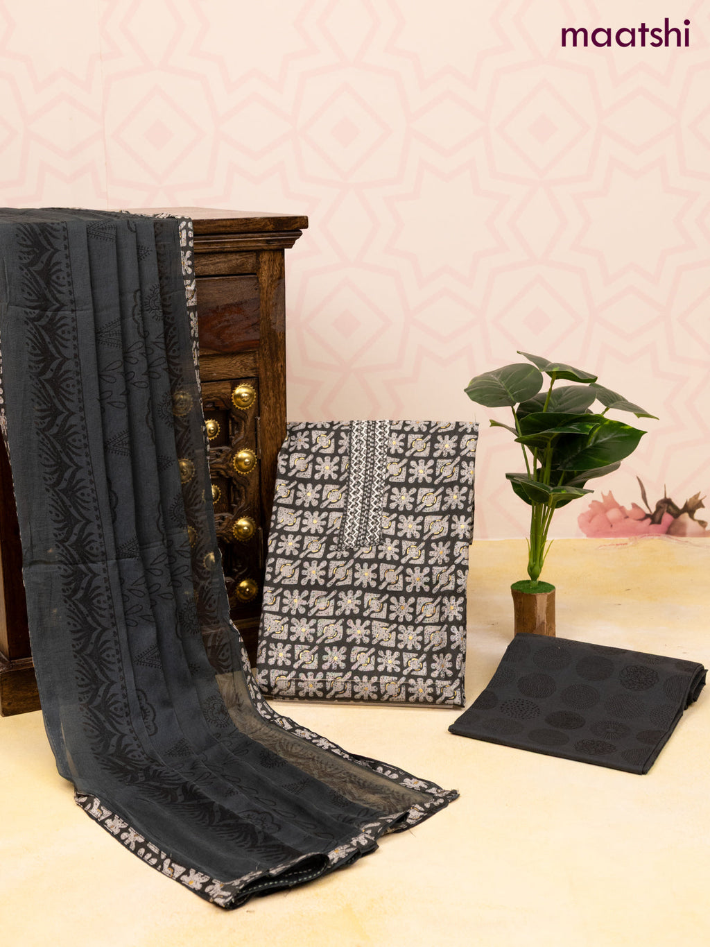 Rayon dress material dark grey with allover prints & embroidery work neck pattern and bottom & chiffon dupatta