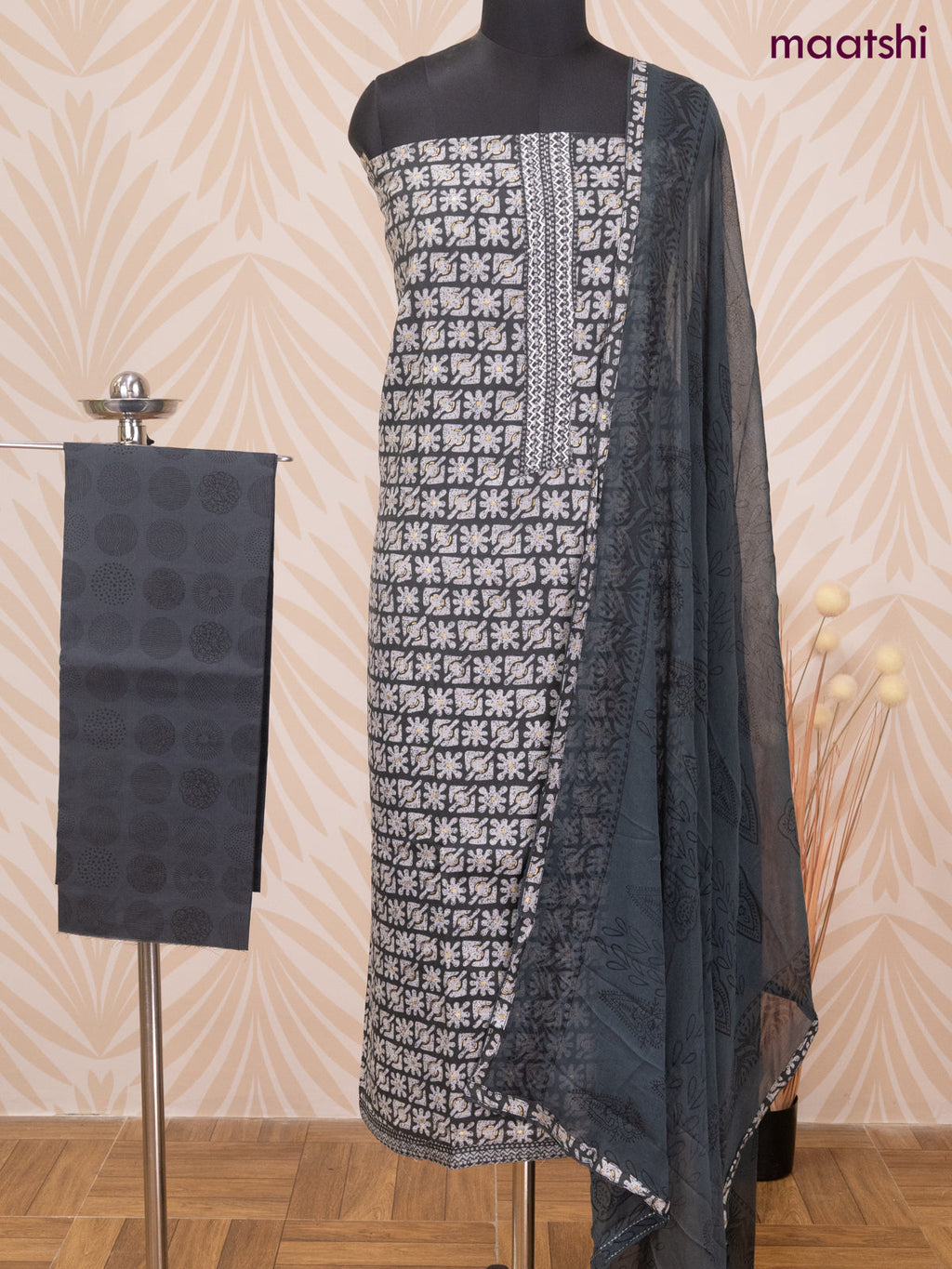 Rayon dress material dark grey with allover prints & embroidery work neck pattern and bottom & chiffon dupatta