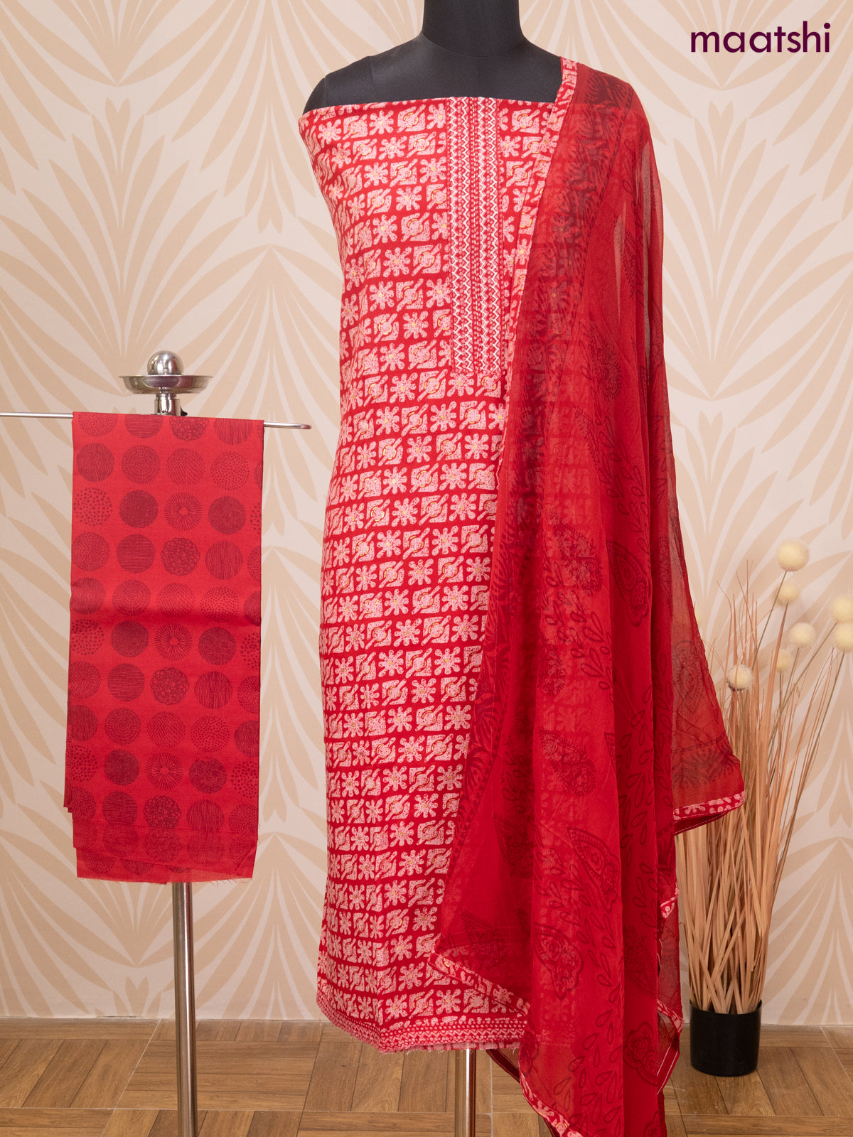 Rayon dress material red with allover prints & embroidery work neck pattern and bottom & chiffon dupatta